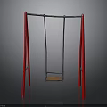 Swing Structure With Red Frame Silver Crossbar Chains And Wooden Seat Against Black Background