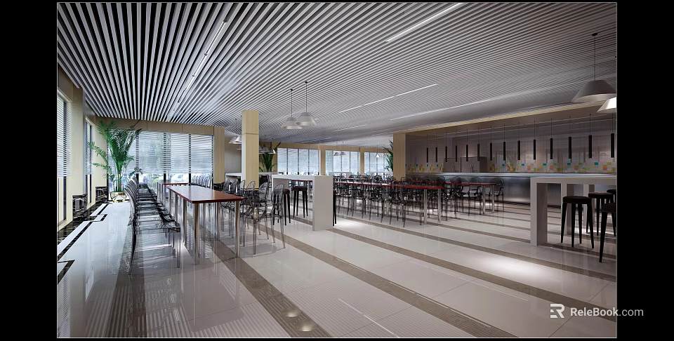 Modern Restaurant Interior With Spacious Dining Area Striped Ceiling And Large Windows 3d model 