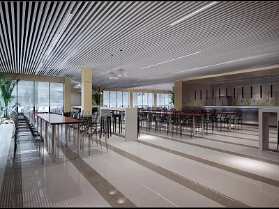 Modern Restaurant Interior With Spacious Dining Area Striped Ceiling And Large Windows 3d model
