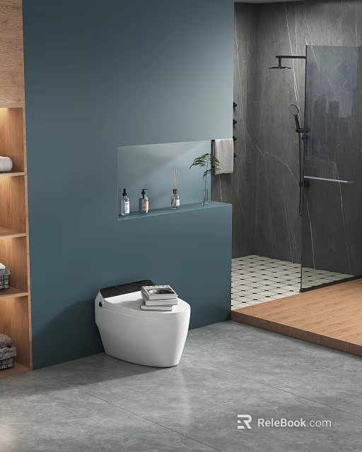 Modern Bathroom Interior With Blue Wall White Toilet Recessed Niche Glass Shower And Wooden Shelves 3d model 