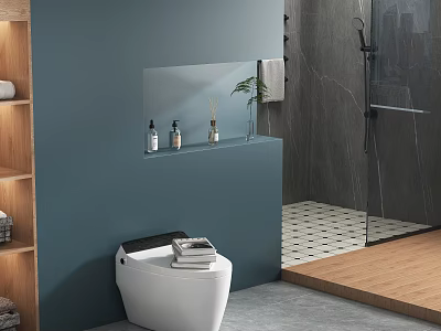 Modern Bathroom Interior With Blue Wall White Toilet Recessed Niche Glass Shower And Wooden Shelves 3d model
