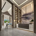Modern Chinese Style Sales Office Lobby With Landscape Painting And Marble Water Feature