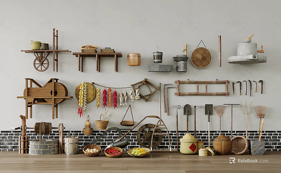 Vintage Rustic Garden Decor With Wooden Shelves Hanging Baskets Tools And Pepper Strings 3d model 