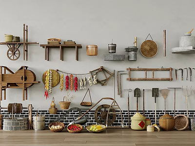 Vintage Rustic Garden Decor With Wooden Shelves Hanging Baskets Tools And Pepper Strings 3d model