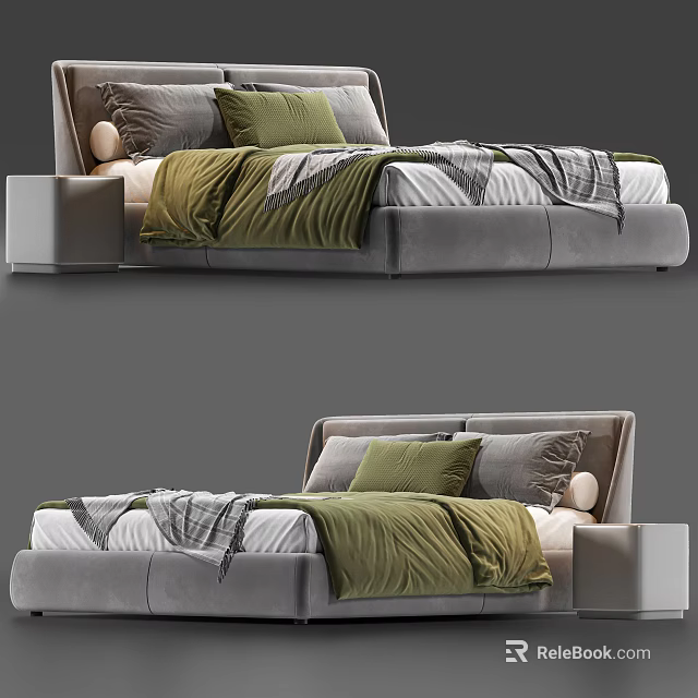 Modern Double Bed With Gray Headboard Green Pillows And White Bedding 3d model