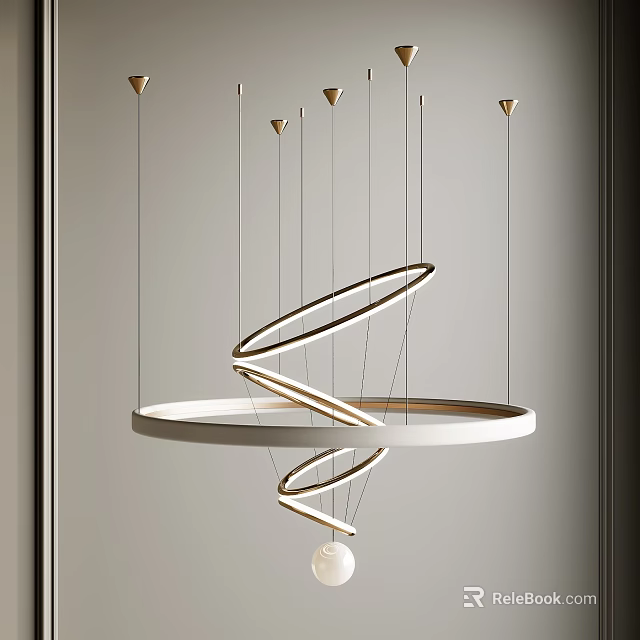 Modern Spiral Circular Chandelier Design With Sleek Metal Rings And Hanging Elements 3d model 