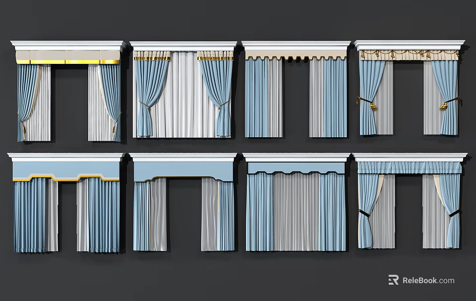 Various Blue and White Curtains with Valance Trim and Pleated Designs for Windows 3d model 