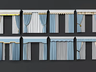 Various Blue and White Curtains with Valance Trim and Pleated Designs for Windows 3d model