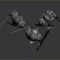 Three Medieval Knights In Shining Armor Holding Swords Spears And Shields On Gray Background
