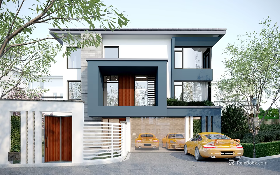 Modern Detached Villa Design Exterior With White Gray Courtyard And Yellow Cars 3d model 