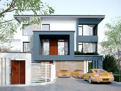 Modern Detached Villa Design Exterior With White Gray Courtyard And Yellow Cars 3d model