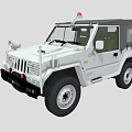 White Utility Vehicle With Black Roof Red Warning Light Front Grille And Off Road Tires
