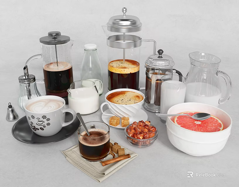 Assorted Coffee Beverages With Pots Mugs Milk Nuts Grapefruit And Cinnamon 3d model 