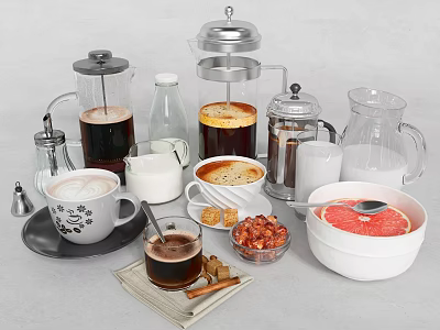 Assorted Coffee Beverages With Pots Mugs Milk Nuts Grapefruit And Cinnamon 3d model