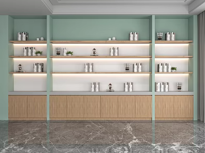 Display Cabinets and Shelves with Light Green Walls Wooden Cabinets Lighting Strips and Marble Floor 3d model