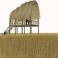Thatched Roof Wooden Pavilion In Golden Grassland With Stairs And People Around