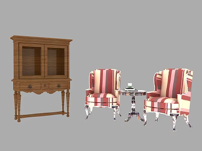 Leisure Sofa Combination With Red And White Striped Armchairs Wooden Cabinet And Small Round Table 3d model