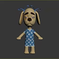Cartoon Yellow Puppy with Blue Bows Blue Dress White Paw Prints Sad Expression Gray Background