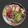 Fresh Salmon And Tuna Fish Poke Bowl With Avocado Rice And Lemon Slices