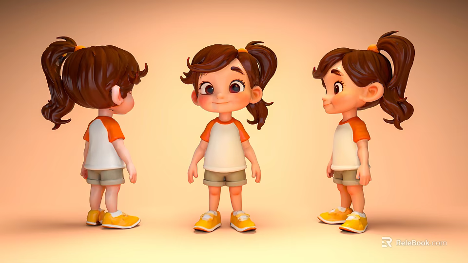 Cartoon Woman with Pigtails in Orange White Top Khaki Shorts Yellow Shoes Warm Orange Background 3d model 
