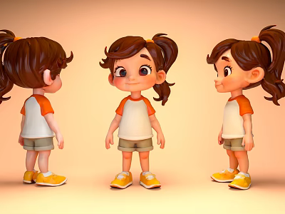 Cartoon Woman with Pigtails in Orange White Top Khaki Shorts Yellow Shoes Warm Orange Background 3d model