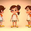 Cartoon Woman with Pigtails in Orange White Top Khaki Shorts Yellow Shoes Warm Orange Background