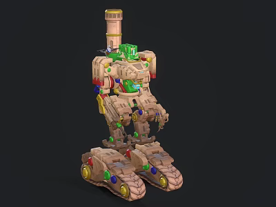 Mechanical Robot Character With Tank Like Legs Tower Shaped Top Green And Colorful Design Details 3d model