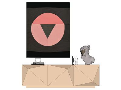 Abstract Artwork With Pink Circle Black Triangle On Geometric Cabinet With Cat Elephant Figurines 3d model