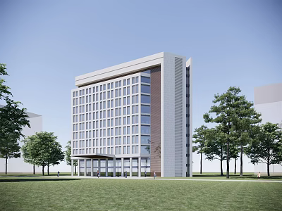 Modern Office Building Exterior With Glass Facade Green Lawn And Surrounding Trees 3d model