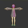 Woman With Purple Hair In Purple Hoodie Embroidered Patterns Arms Outstretched Purple Shoes Gray Background