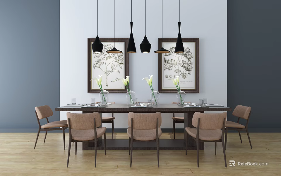 Modern Dining Table Set with Brown Chairs Pendant Lights White Flower Vases and Decorative Paintings 3d model 