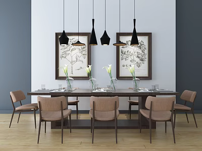 Modern Dining Table Set with Brown Chairs Pendant Lights White Flower Vases and Decorative Paintings 3d model