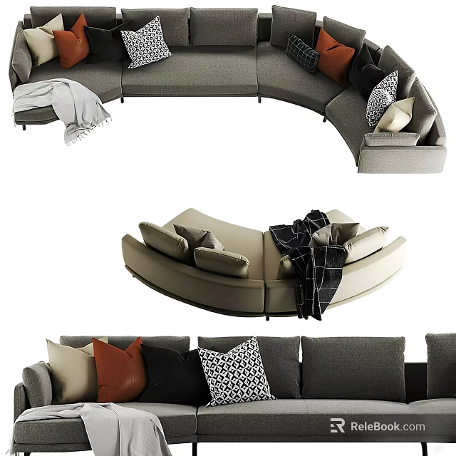 Modern Sectional Sofa With Gray Upholstery Multiple Throw Pillows And Cozy Blanket 3d model