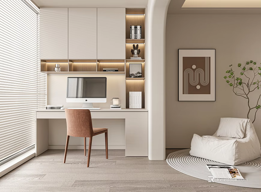 Modern Study Room Interior Design With Desk Chair Bookshelf Lighting And Decorative Art 3d model 