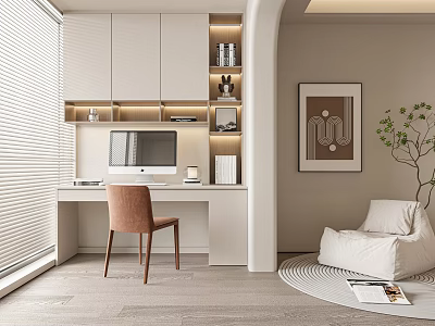 Modern Study Room Interior Design With Desk Chair Bookshelf Lighting And Decorative Art 3d model