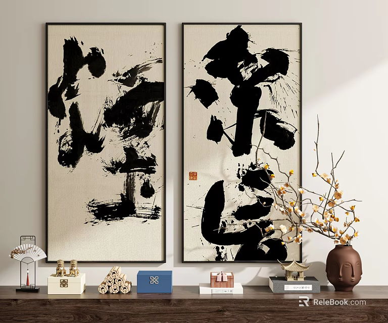 Black Ink Style Abstract Paintings in Vertical Format for Interior Decor with Vase and Branches 3d model 