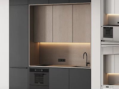 Modern Kitchen With Gray And Wooden Built in Cabinets Sink Faucet And Oven Lighting 3d model