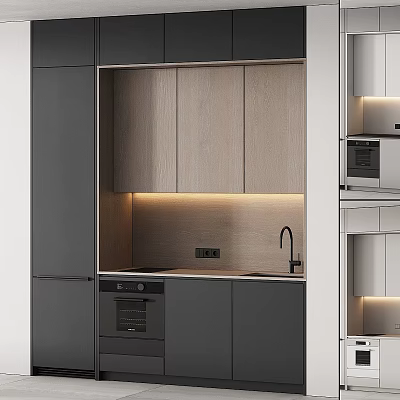 Modern Kitchen With Gray And Wooden Built in Cabinets Sink Faucet And Oven Lighting 3d model