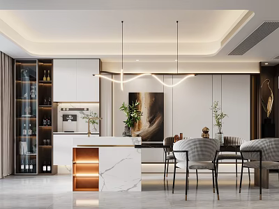Modern Restaurant Interior Design Featuring Marble Countertop Hanging Lights And Green Plants 3d model