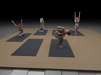 Group of People Practicing Various Yoga Poses on Mats Over Wooden Floor 3d model