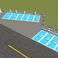 Modern Parking Lot with Blue Marked Spaces Entry Gate and Fencing