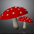 Two Red Mushrooms With White Spots And Wooden Stems On Dark Background
