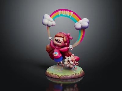 Colorful Girl Figurine Holding Rainbow Arch With Clouds And Small Animal On Grass Base 3d model