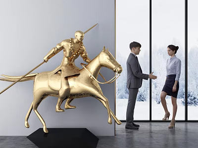 Golden Knight on Horse Sculpture with People Shaking Hands by Large Window and Snow Scene 3d model