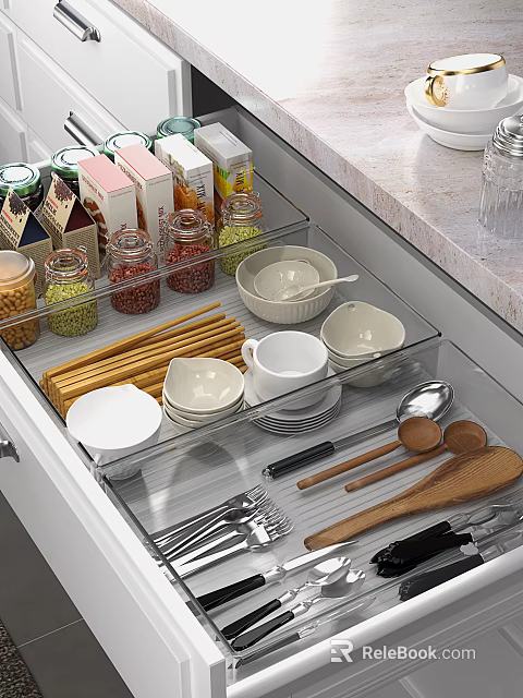 Well Organized Kitchen Drawer With Bowls Plates Utensils And Glass Jars 3d model 