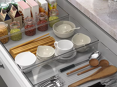 Well Organized Kitchen Drawer With Bowls Plates Utensils And Glass Jars 3d model