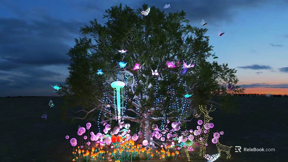 Colorful Hanging Decorative Lights On Large Tree With Butterflies Flowers And Twilight Sky 3d model 