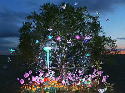 Colorful Hanging Decorative Lights On Large Tree With Butterflies Flowers And Twilight Sky 3d model