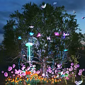 Colorful Hanging Decorative Lights On Large Tree With Butterflies Flowers And Twilight Sky