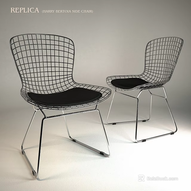 Modern Black Wire Grid Backrest Chairs With Silver Metal Legs And Cushions 3d model 